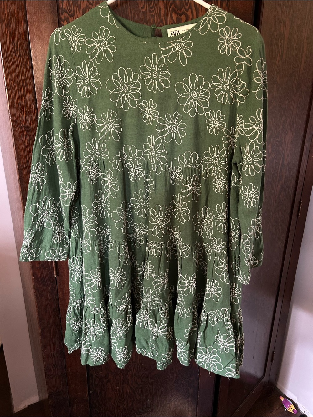Zara Green Floral Tiered Long-Sleeve Dress